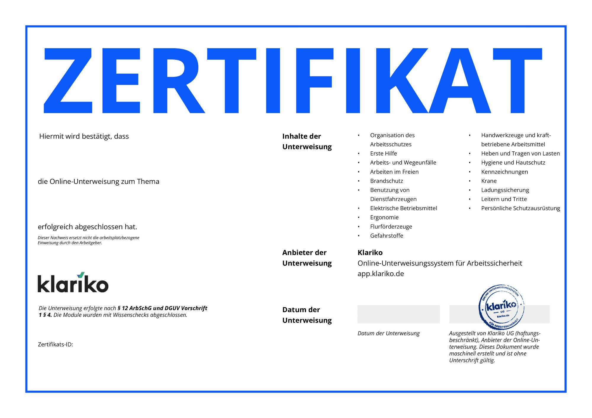 Klariko Zertifikat — PDF nach erfolgreichem Kursabschluss